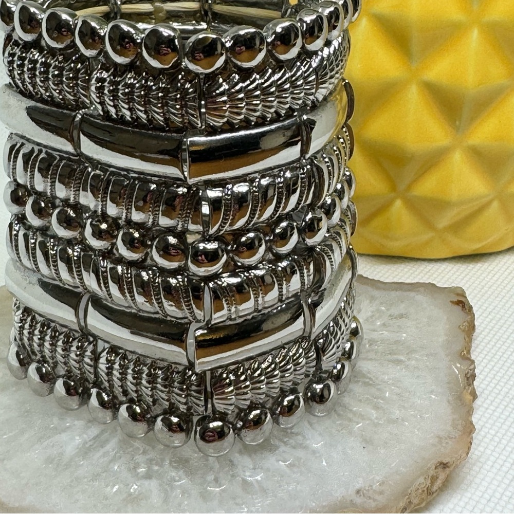 Statement Silvertone Panel Stretch Bracelet - image 2